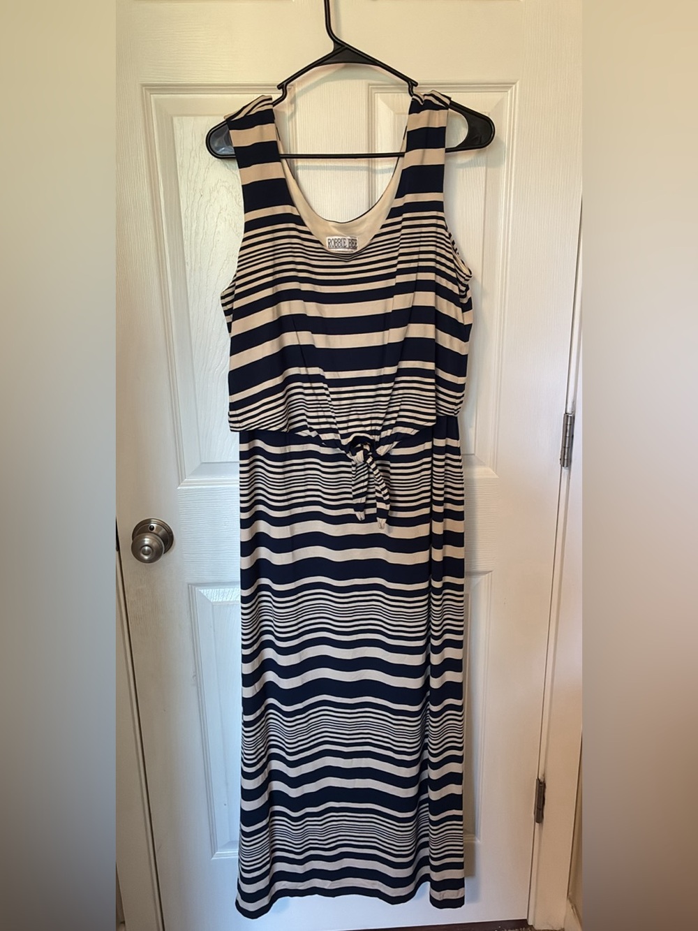 Robbie Bee Navy and Cream Striped Sleeveless Maxi with Tie Waist